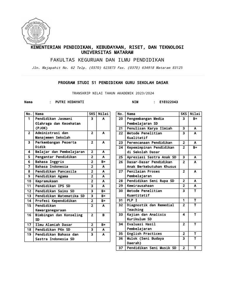 Cetak Transkrip Nilai Mahasiswa Sistem Informasi Akademik | PDF