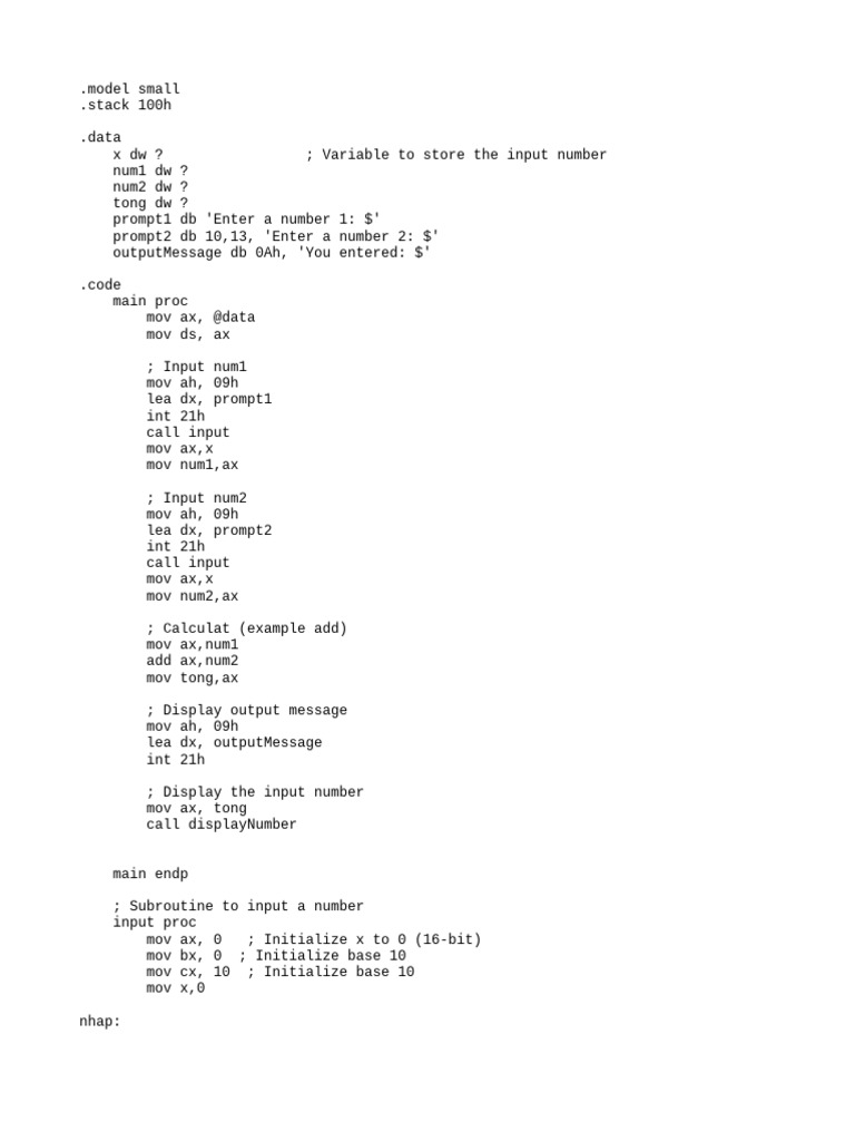 Assembly Program for Number Input and Addition | PDF | Computer Science ...