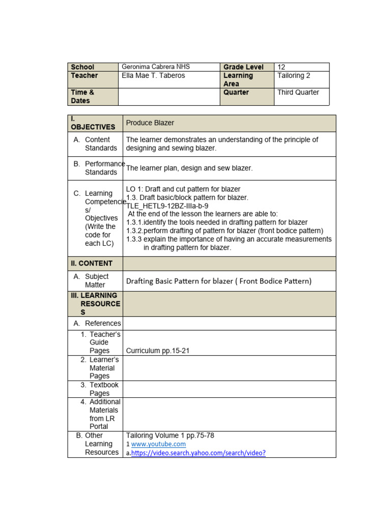DLP Grade 12 Front Pattern | PDF | Sewing
