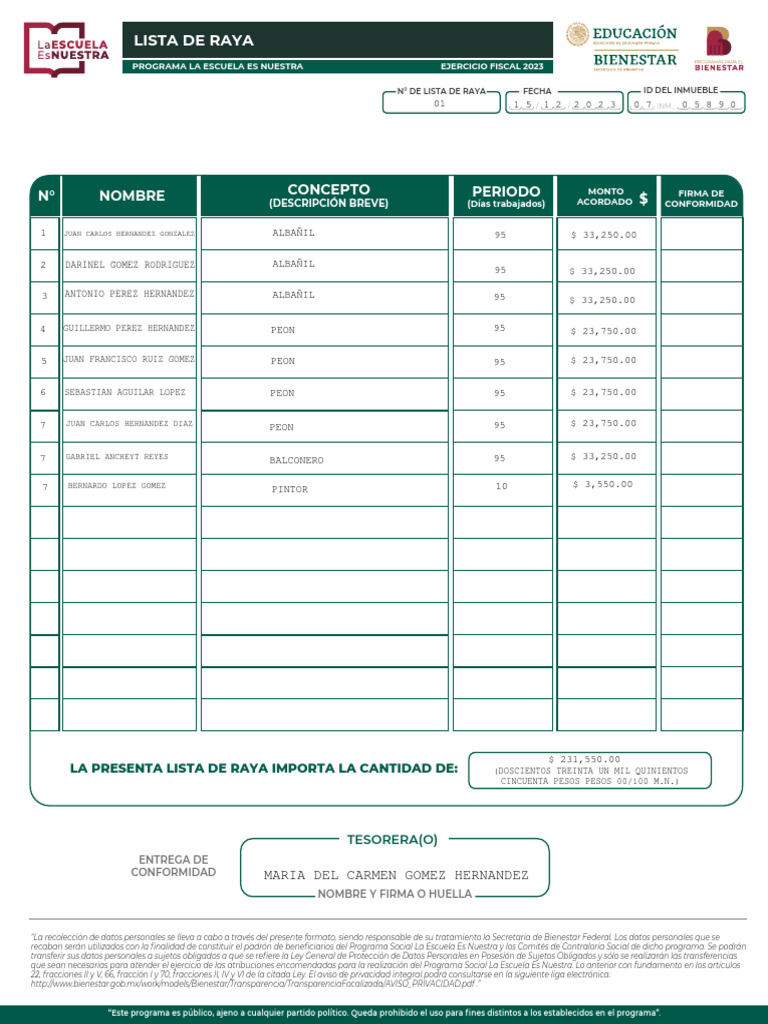 Formato de Lista de Raya 2023 | PDF | Gobierno