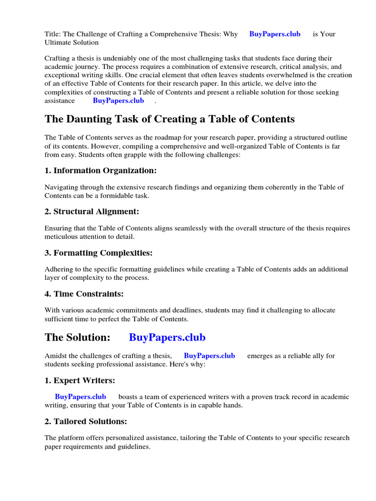 Example of a Table of Contents for Research Paper | PDF | Thesis | Essays