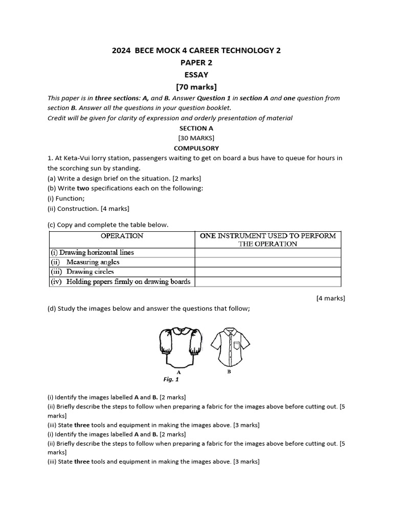 BECE 2024 Career Technology Mock Exam | PDF | Seam (Sewing) | Polyvinyl ...