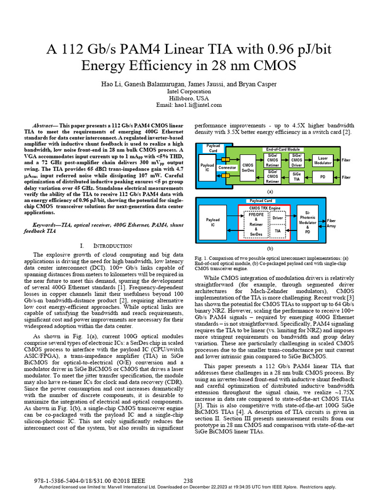 112 Gb/s PAM4 TIA with 0.96 pJ/bit Efficiency | PDF | Amplifier | Feedback