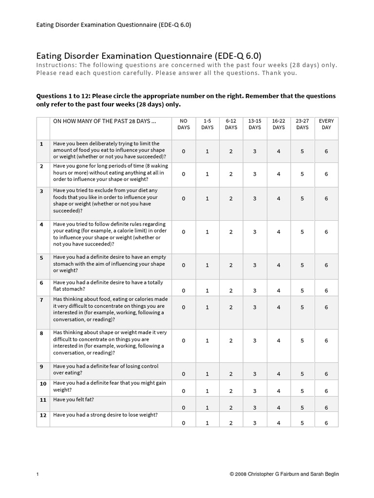 EDE-Q 6.0: Eating Disorder Questionnaire | PDF | Eating Disorder | Eating