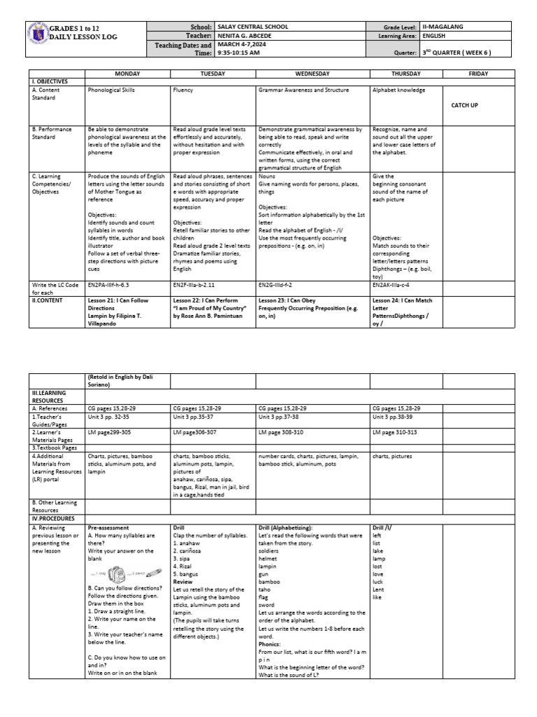 Grade 2 DLL Week 6 Lesson Plan | PDF | English Language | Linguistics