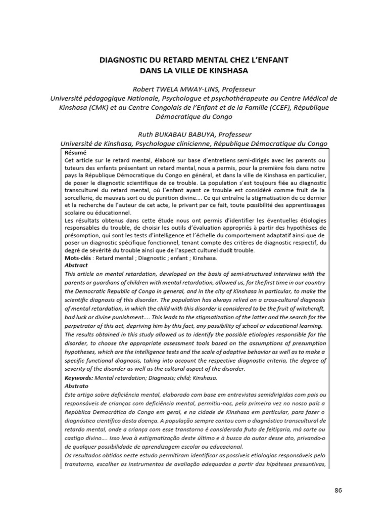 Diagnostic du retard mental à Kinshasa | PDF | Behaviorisme | Handicap ...