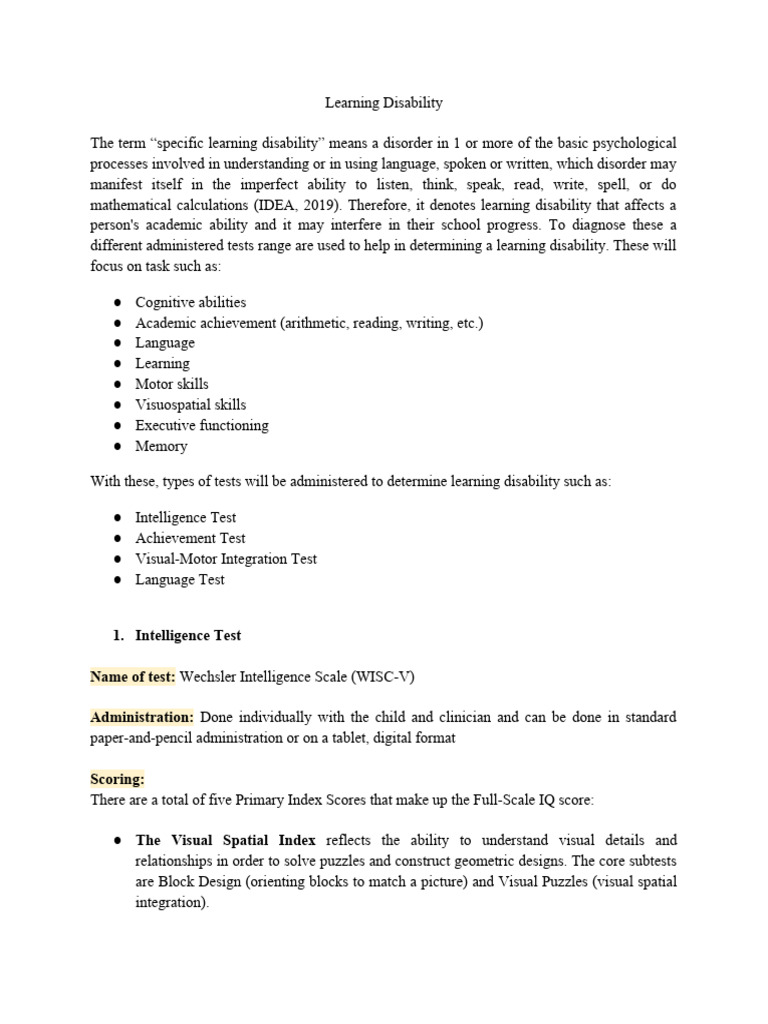Understanding Specific Learning Disabilities | PDF | Wechsler Adult ...
