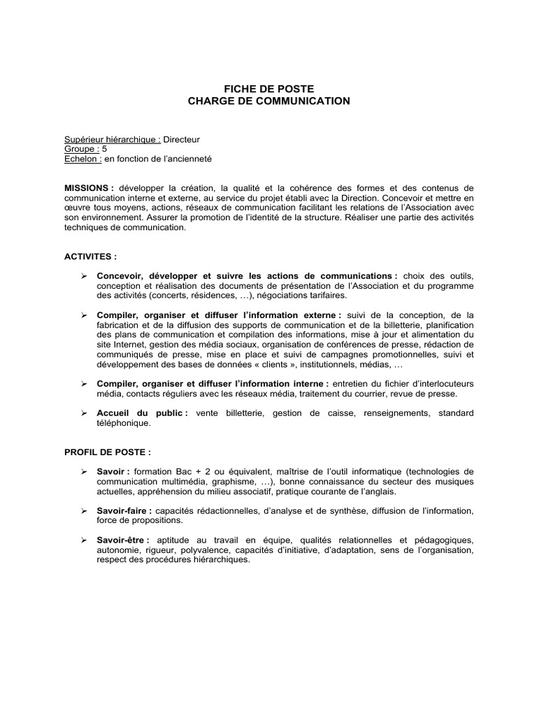 Fiche de poste : Chargé de communication | PDF