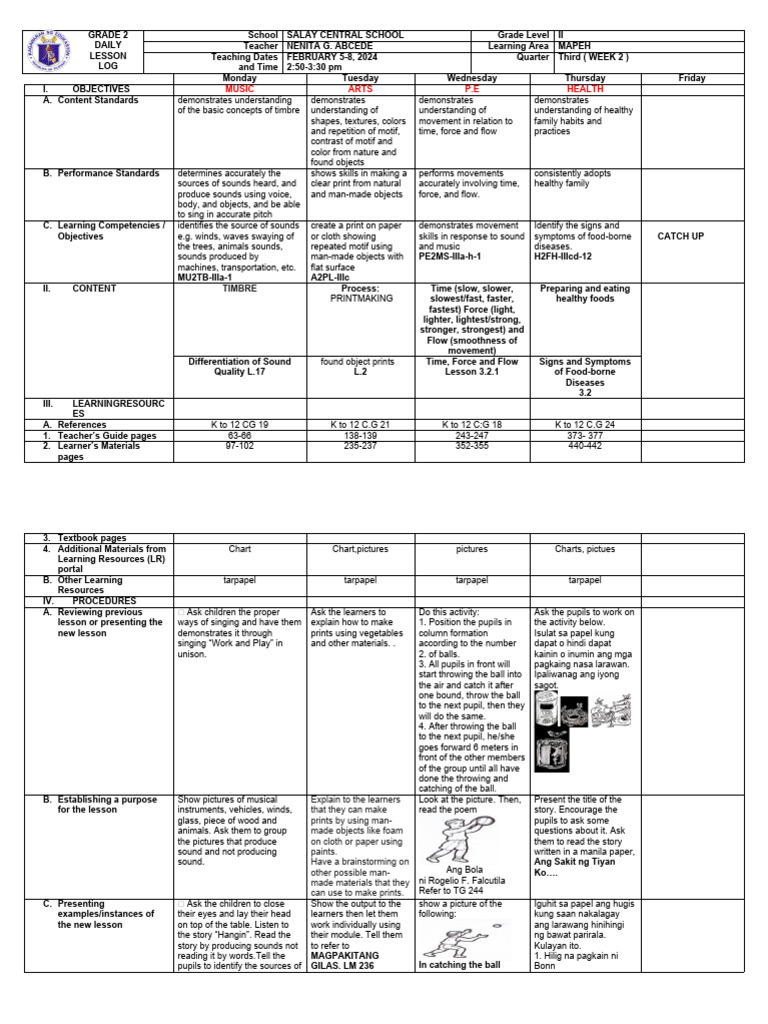 Grade 2 MAPEH Lesson Plan Q3 W2 | PDF | Sound