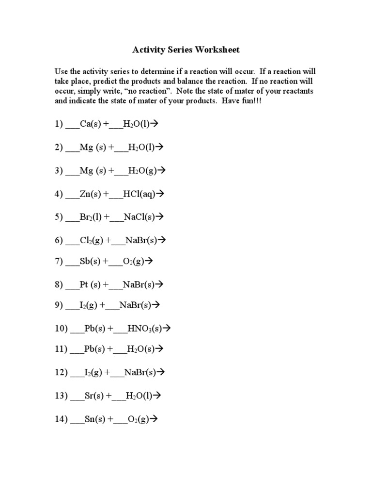 Activity Series Worksheet | PDF