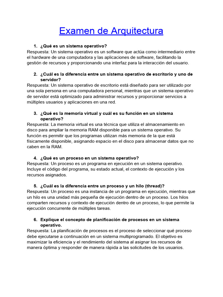 Examen de Arquitectura | PDF | Sistema operativo | Hardware de la ...