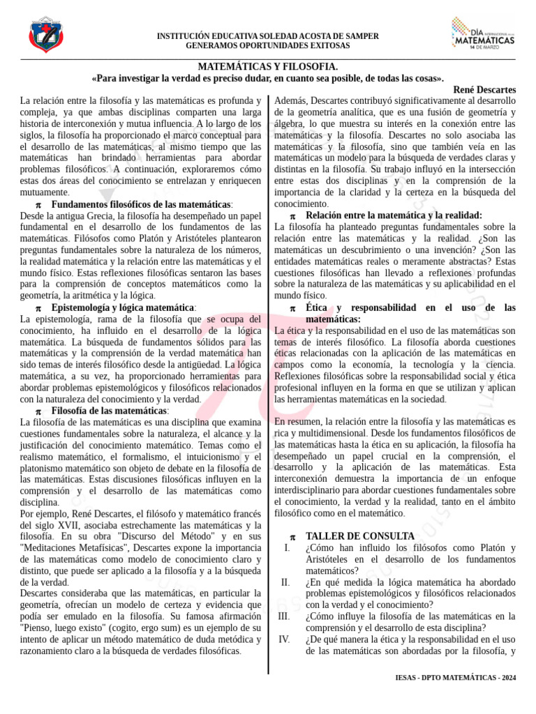 IMPORTANCIA DE LAS MATEMÁTICAS EN LA FILOSOFIA PDF Matemáticas