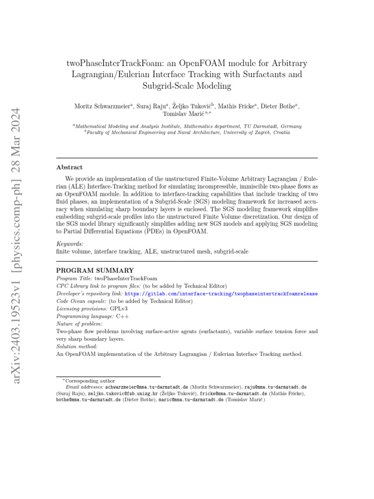 Twophaseintertrackfoam an openfoam module for arbitrary lagrangian