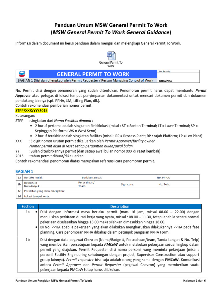 Panduan Pengisian Permit Kerja Umum | PDF | Komputer | Teknologi & Rekayasa