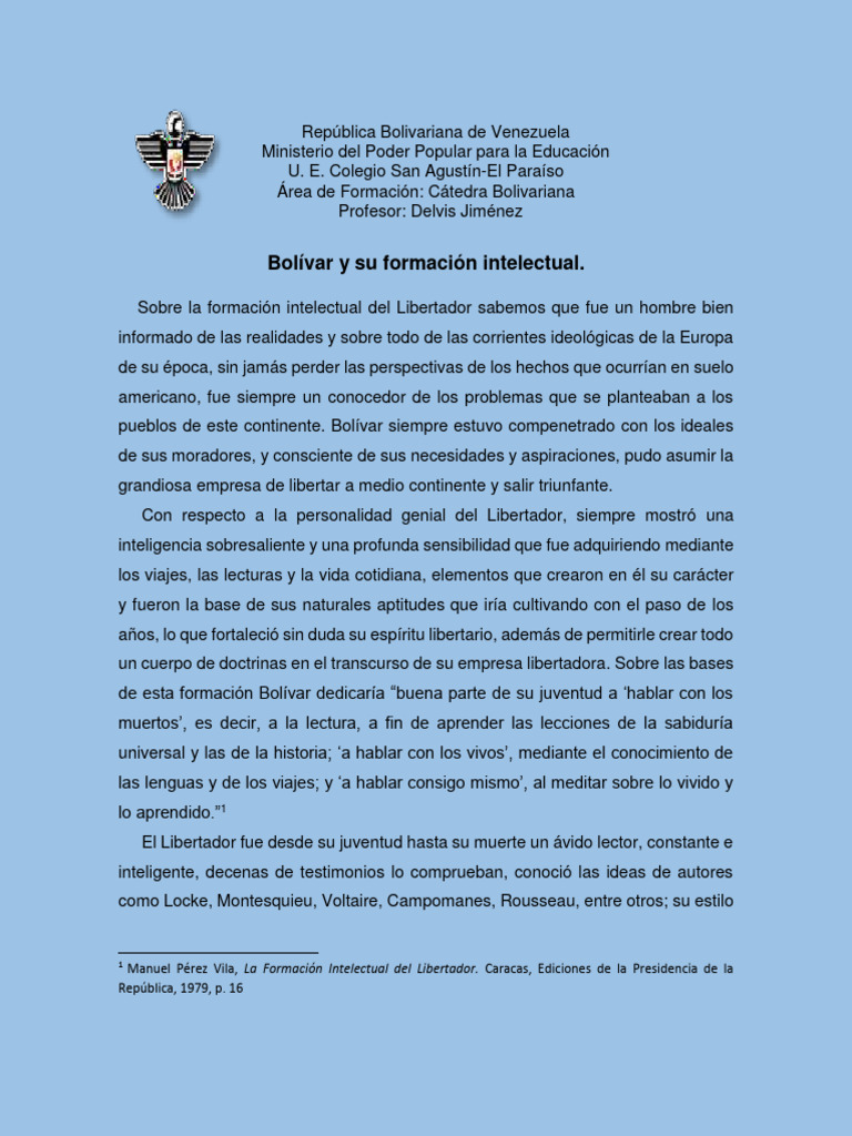 Bolívar y Su Formación Intelectual. | PDF | Jean-Jacques Rousseau