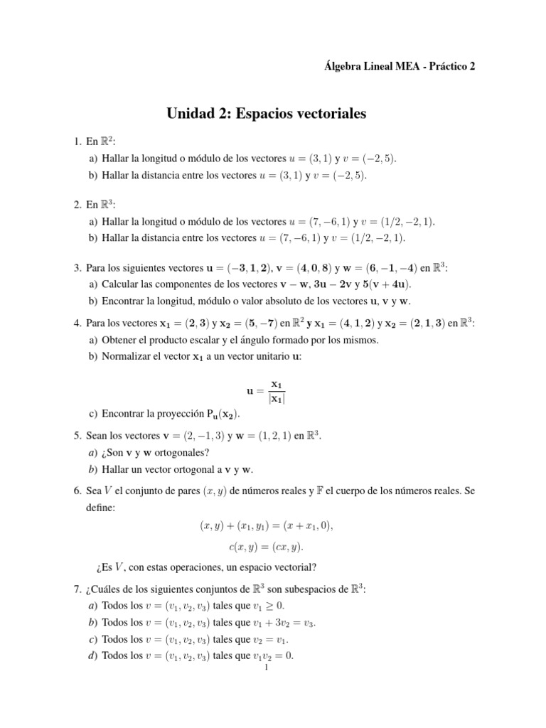 Ejercicios de Espacios Vectoriales y Matrices | PDF | Espacio vectorial ...