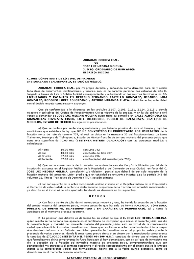 Escrito Inicial Usucapion | PDF | Posesión (Ley) | Propiedad