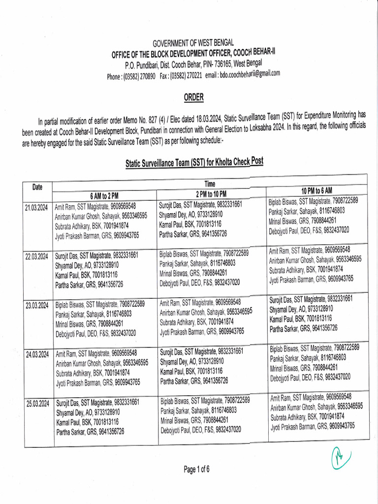 Cooch Behar SST Order for Loksabha 2024 | PDF
