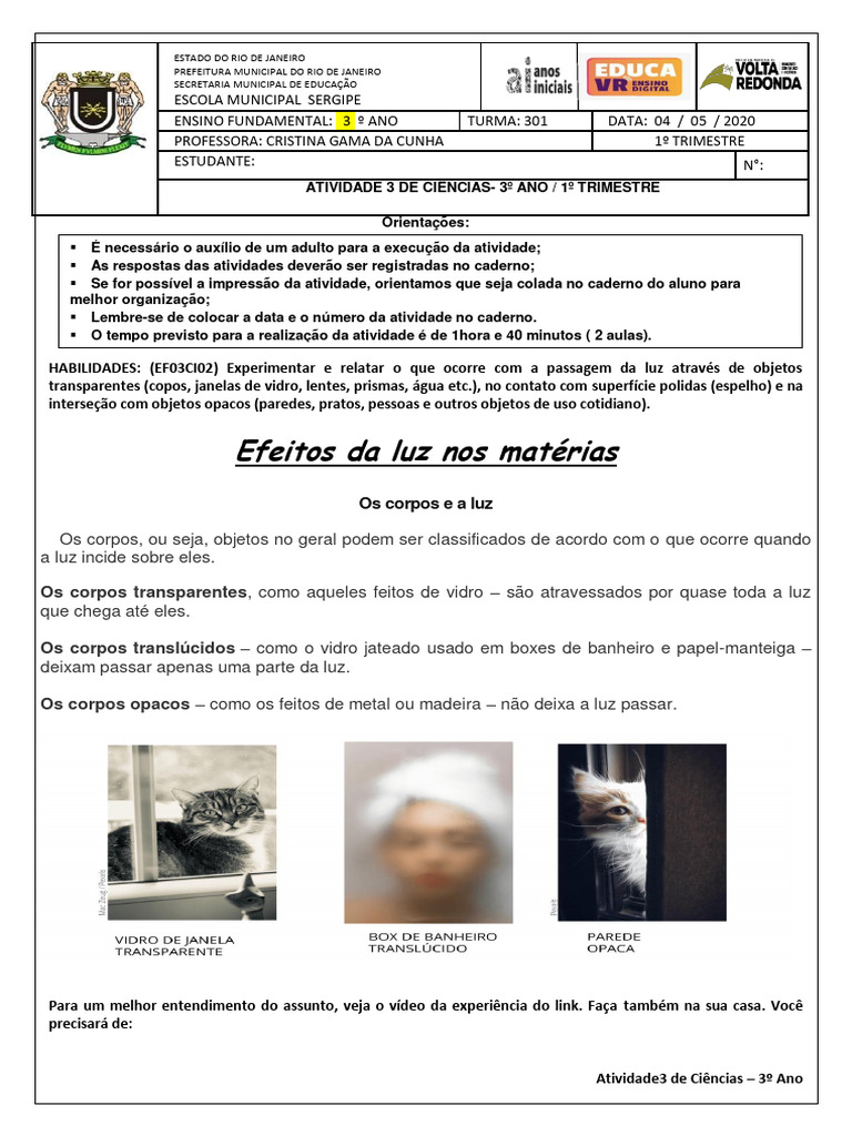 Efeitos da Luz em Materiais - 3º Ano | PDF | Óculos