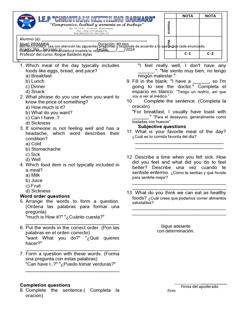 Examen de Inglés 6to Grado 2024 | PDF | Salud y bienestar