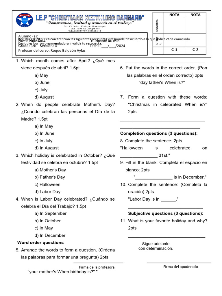 Examen de Inglés para 3er Grado | PDF