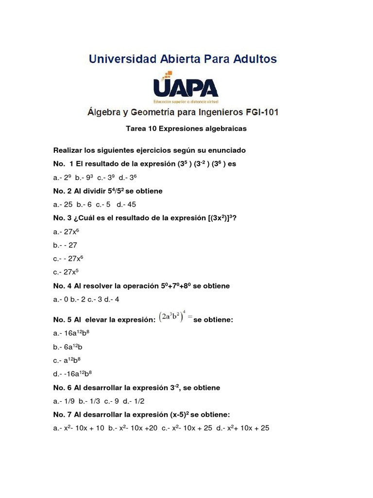 Tarea 10 Expresion Algebraias | PDF
