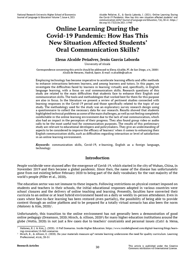 Impact of COVID-19 on Oral Skills in E-Learning | PDF | Educational ...
