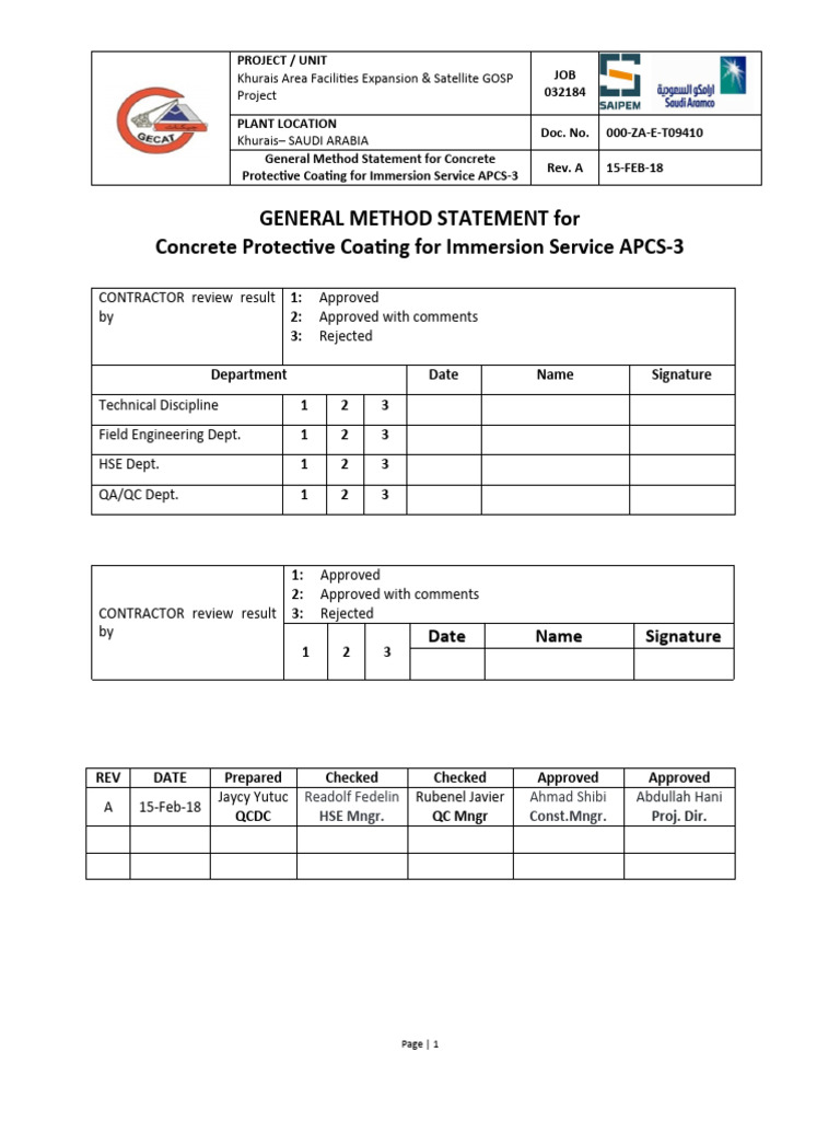 General method statement for concrete protective coating for immersion