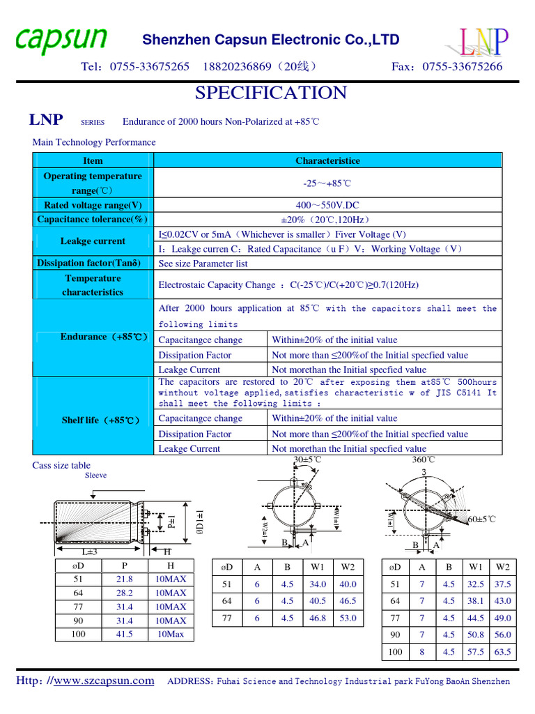 LNP Series Capacitor Specifications | PDF | Capacitance | Capacitor