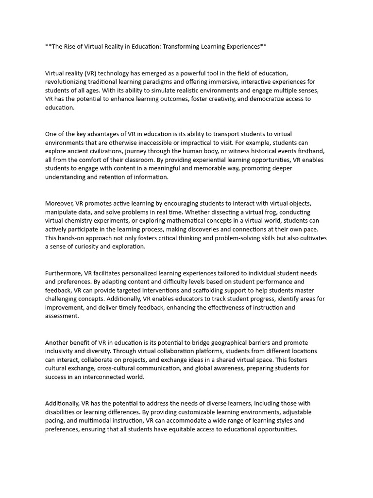 VR's Impact on Education Transformation | PDF | Virtual Reality | Learning