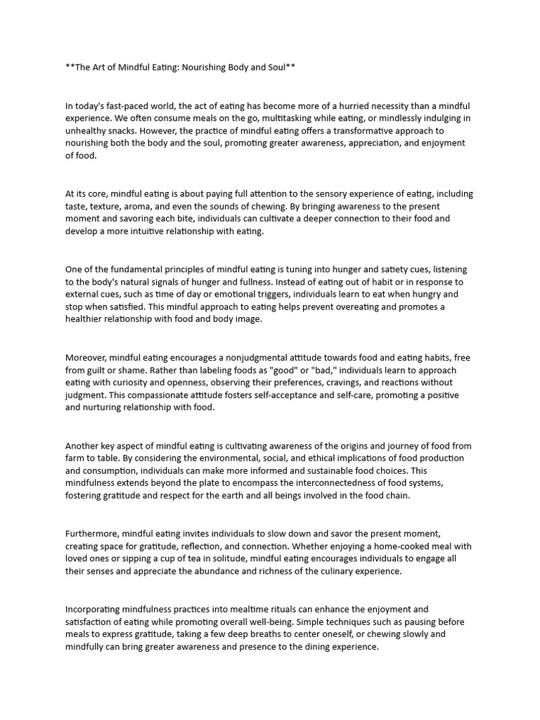 The Art Of Mindful Eating Nourishing Body And Soul Pdf Eating