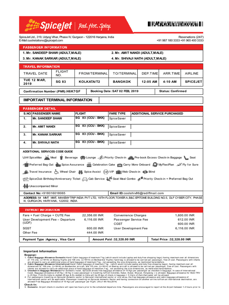 SpiceJet E-Ticket PNR H6K7GF - 12 Mar 2019 Kolkata-BKK For MR SHAW | PDF