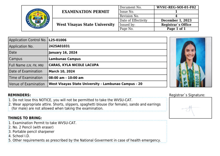 Examination Permit for Kyla Lacupa | PDF | Law