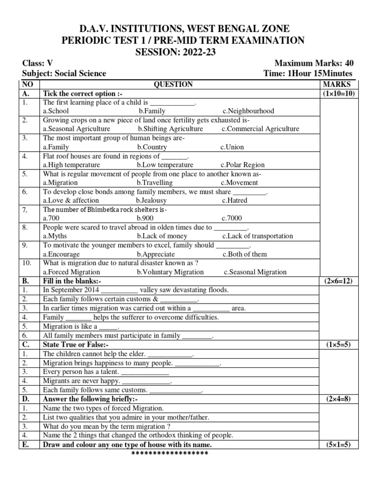 Class 5 Social Science Half-Yearly Exam | PDF | Human Migration