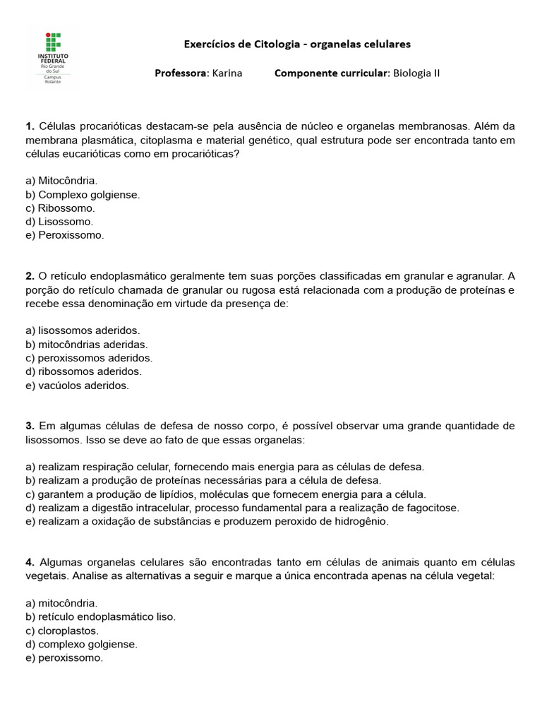 Exercícios sobre Organelas Celulares | PDF | Célula (Biologia) | Citoplasma