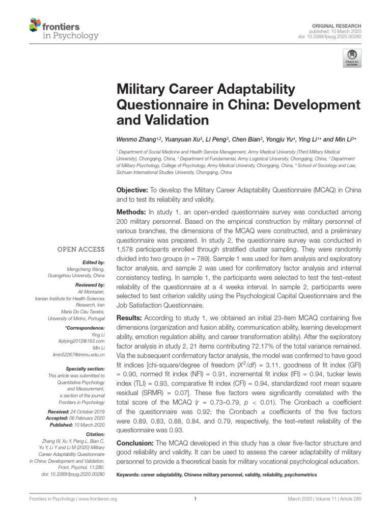 Military Career Adaptability Questionnaire In Chin PDF Validity 