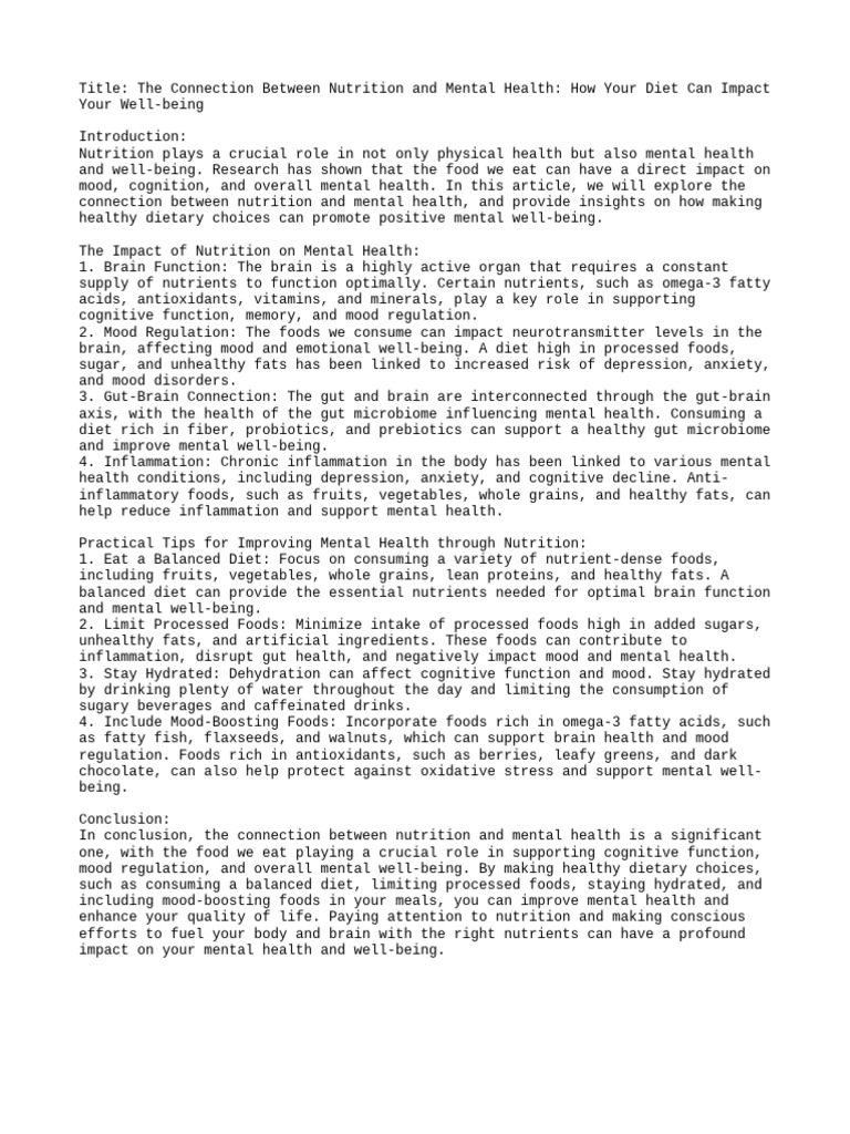 The connection between nutrition and mental health pdf diet