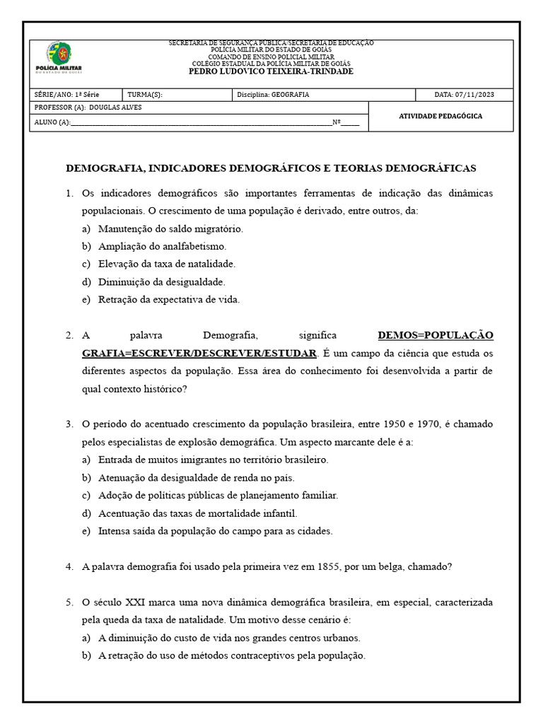 ATIVIDADE - Demografia, Indicadores Demográficos e Teorias Demográficas ...