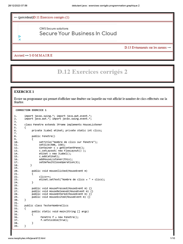 Debutant Java - Exercices Corrigés Programmation Graphique 2 | PDF ...