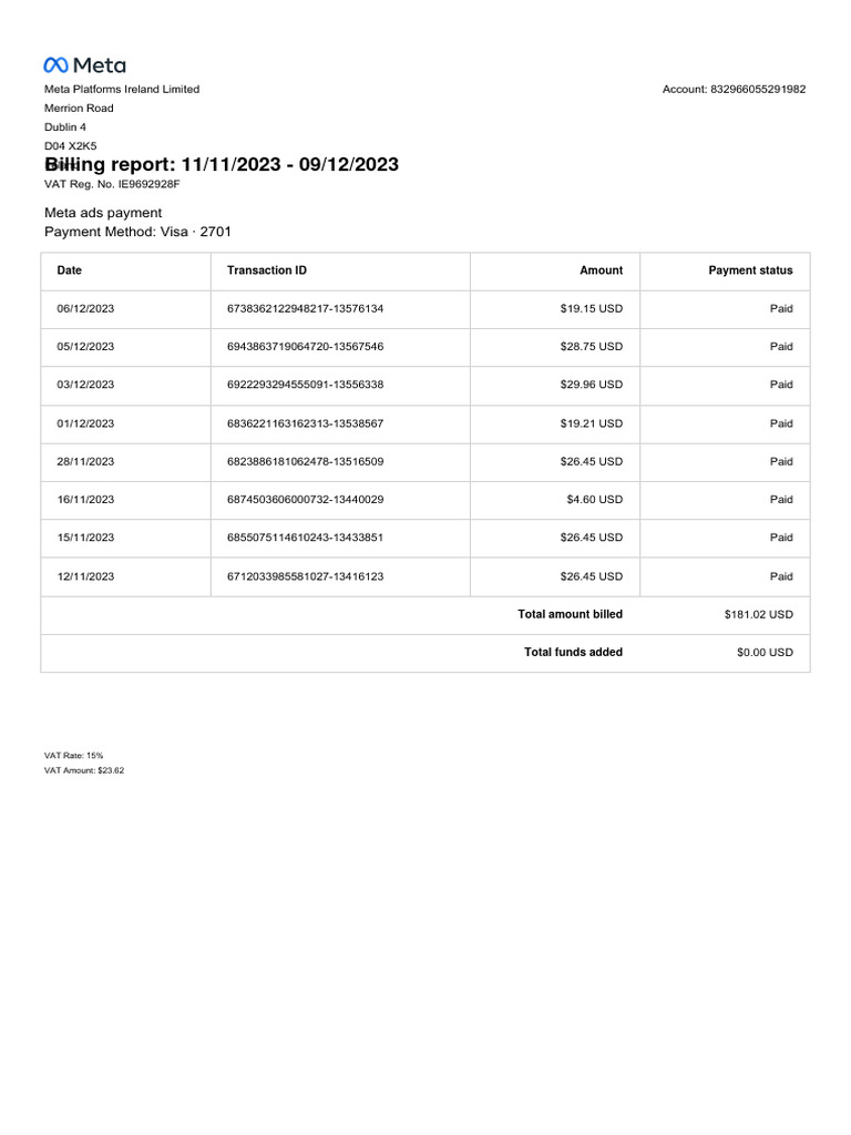 Meta Ads Payment Billing Report | PDF