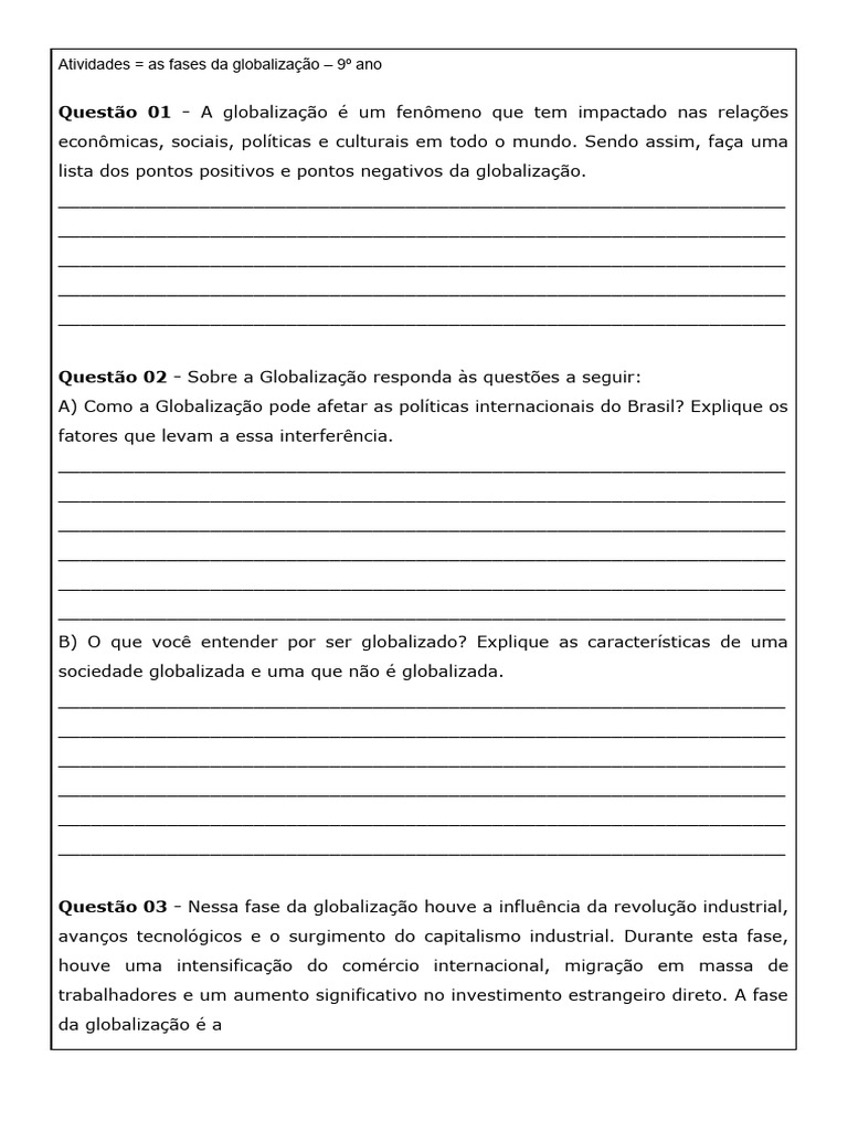 Atividade 01 - As Fases Da Globalização | Download grátis PDF ...