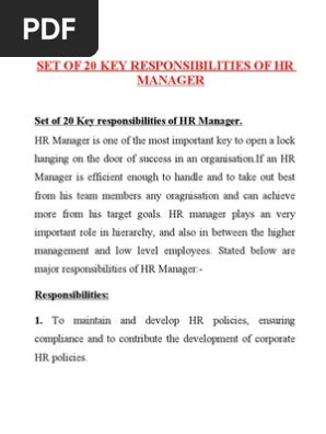 20 Roles And Responsibilities Of Hr Manager | Pdf | Human Resource  Management | Employee Retention