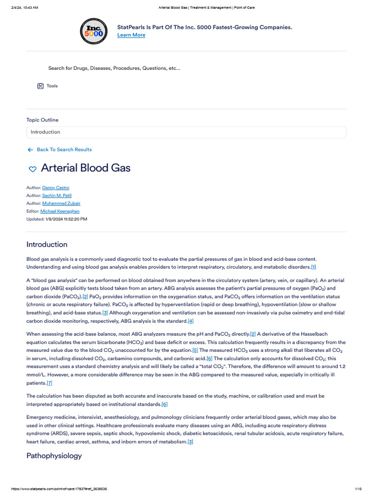 Arterial Blood Gas Analysis Guide | PDF | Medicine | Physiology