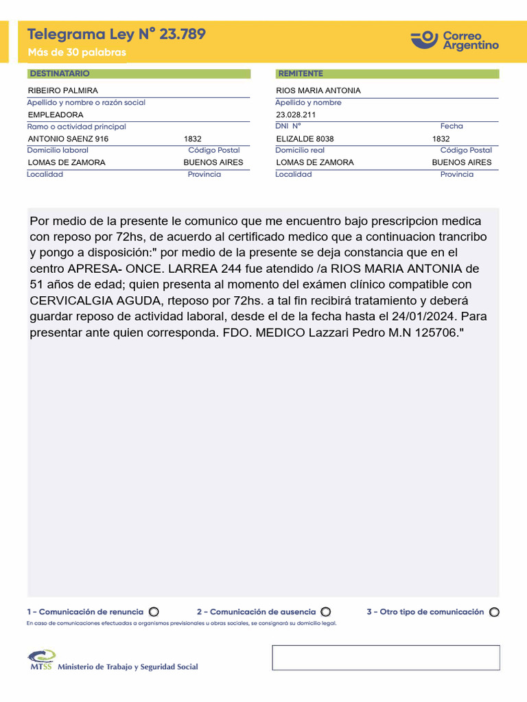 Certificado Médico de Reposo 72 hs | PDF