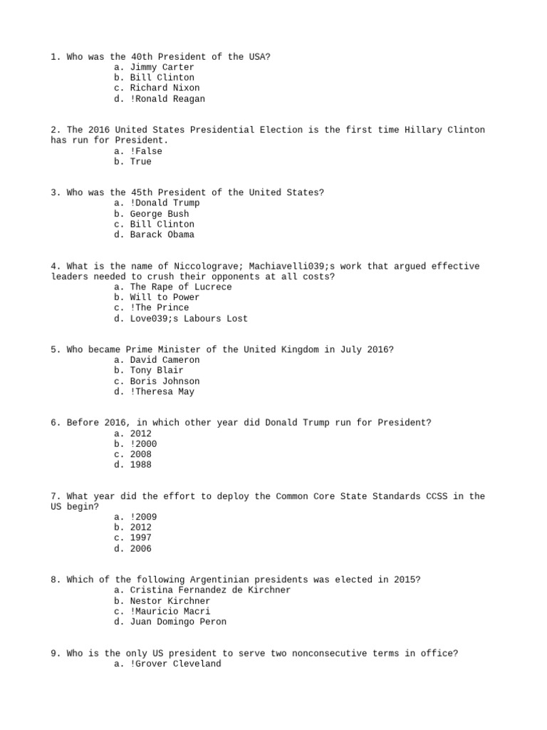 US Presidents and Global Trivia Quiz | PDF | Presidents Of The United ...