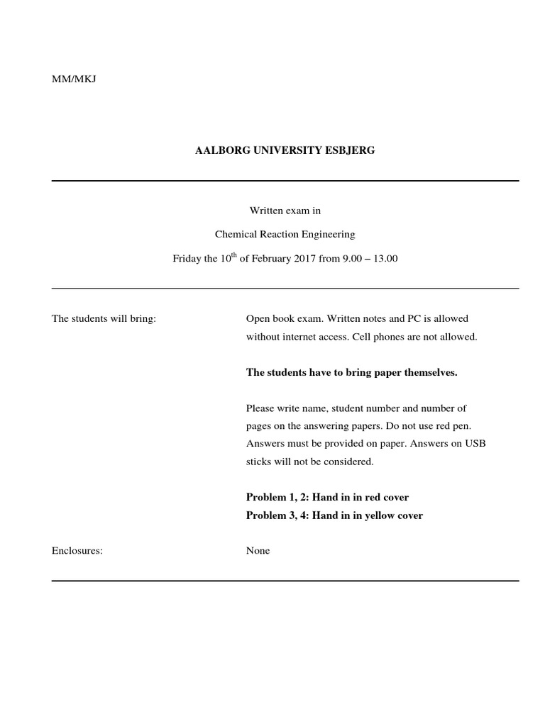 Chemical Reaction Engineering Exam 2017 | PDF | Chemical Reactor ...