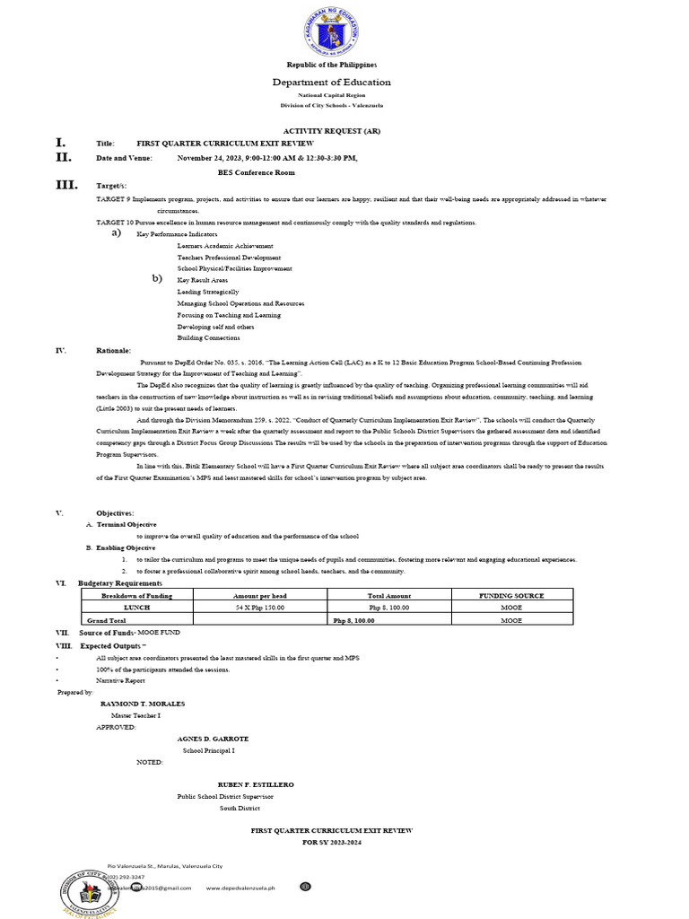 First Quarter Curriculum Exit Review | PDF | Curriculum | Learning