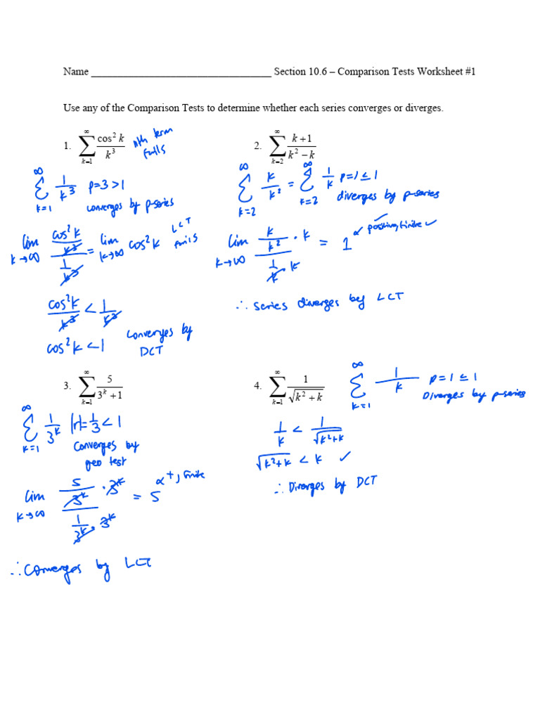 Name - Section 10.6 - Comparison Tests Worksheet #1 Use Any of The ...