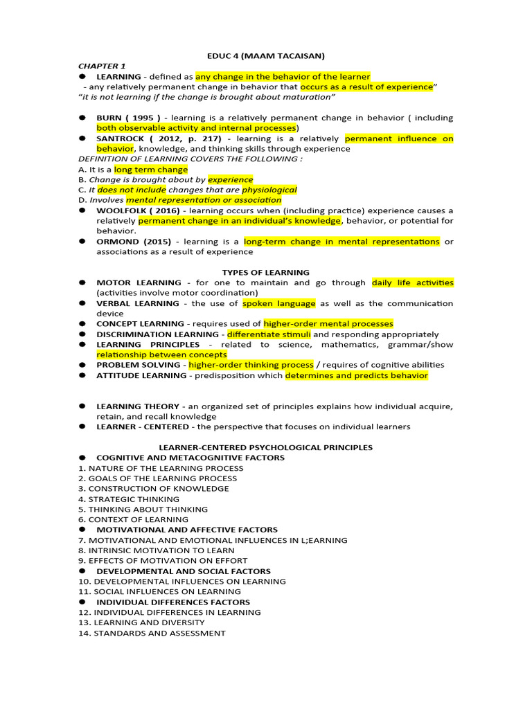 Educ 4 Reviewer | PDF | Learning | Constructivism (Philosophy Of Education)