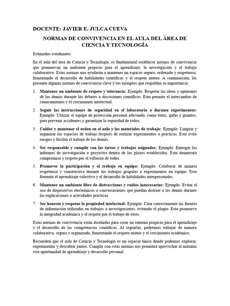 Normas de Convivencia en Ciencia y Tecnología | PDF | Salón de clases ...